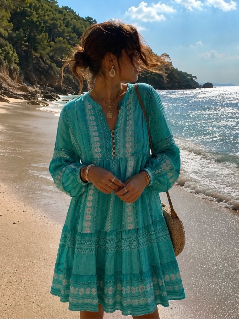 APNY Embroidered Boho Dress – Turquoise – COTTON NWT Size L